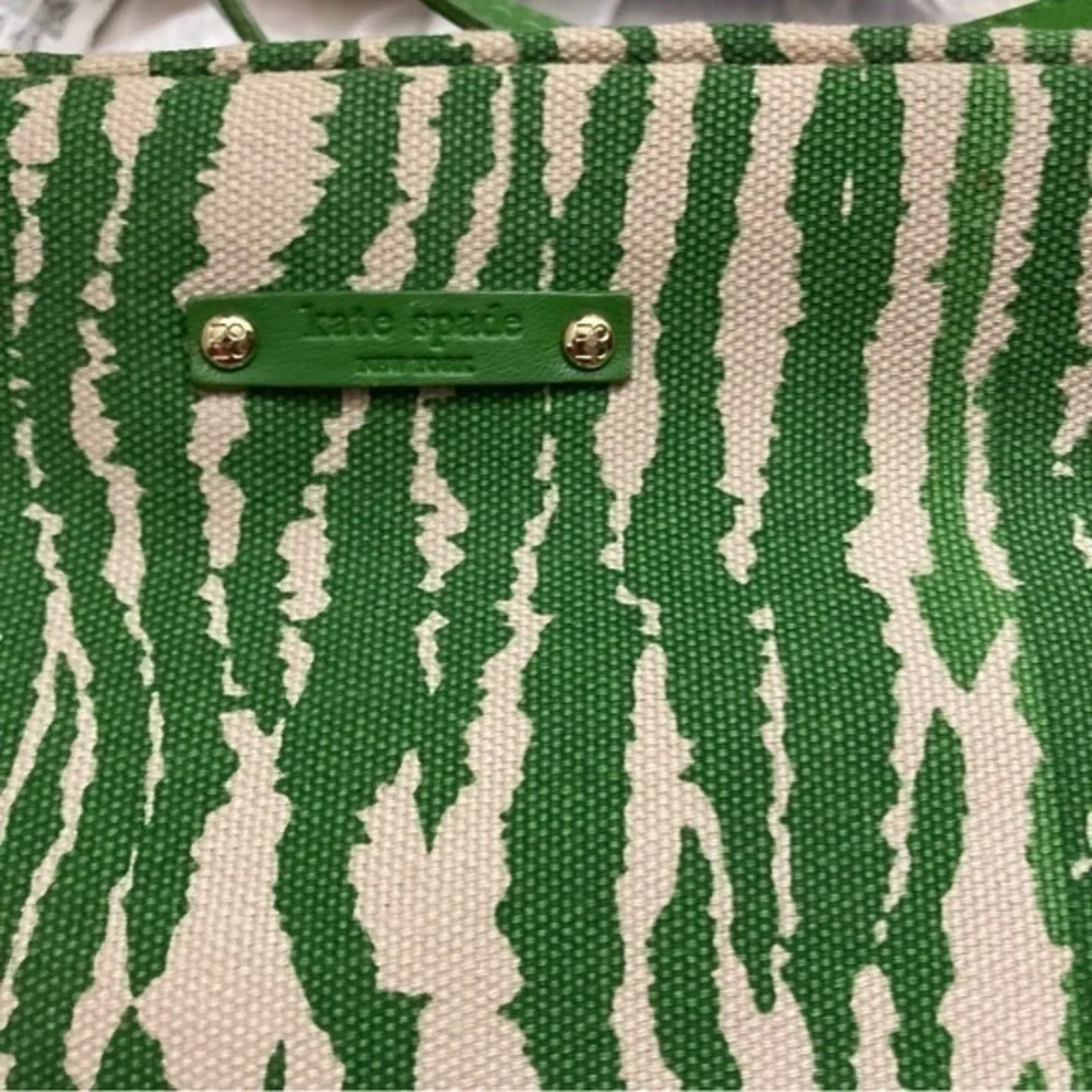 Kate spade green zebra canvas and leather vintage tote bag